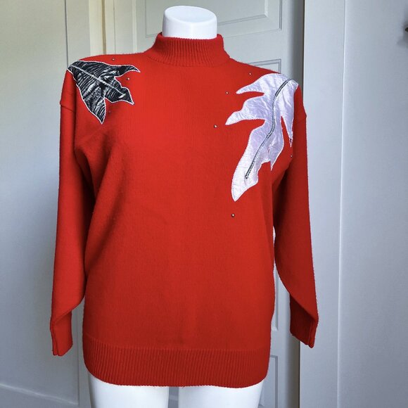80’s red sweater with feather appliques - Picture 1 of 4